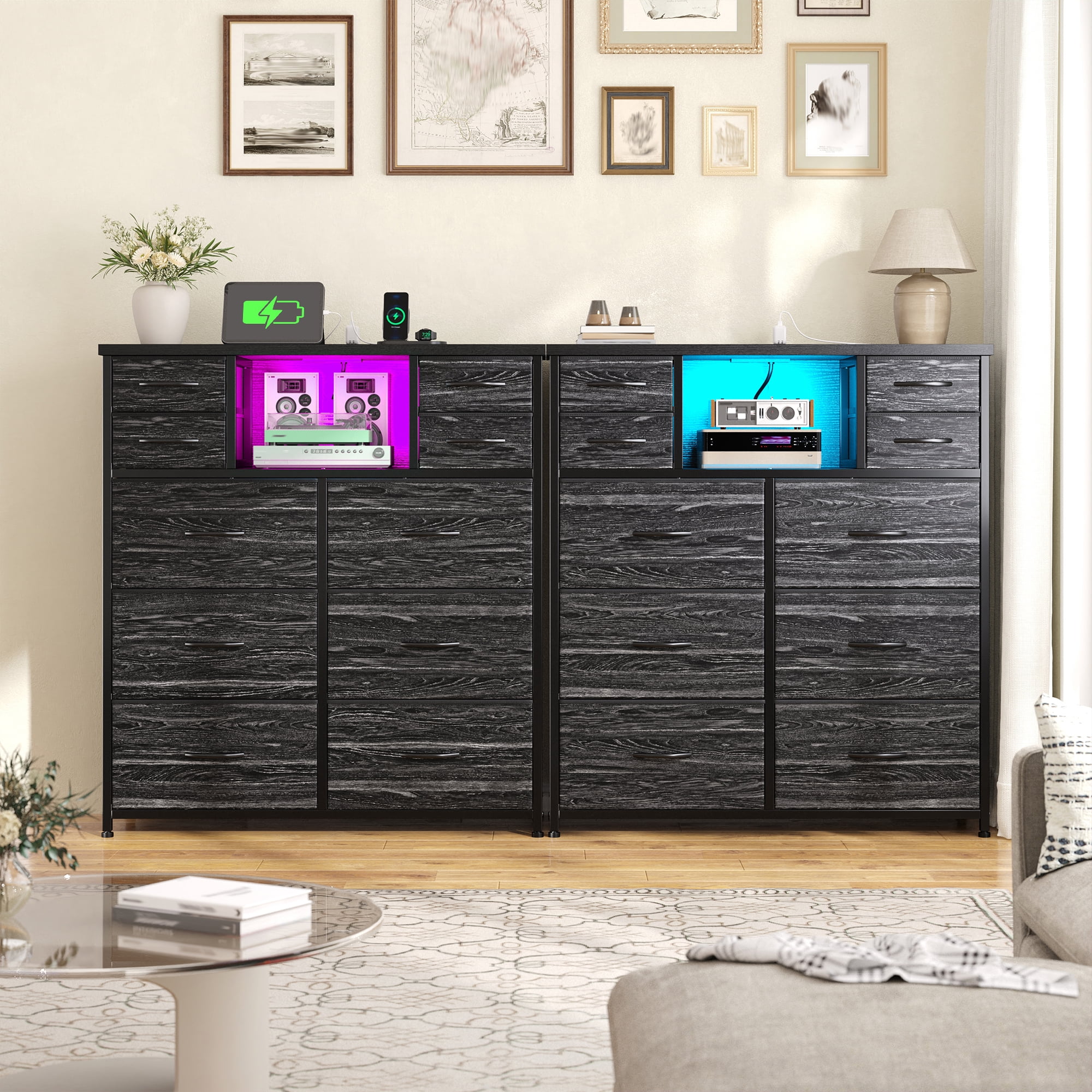 Enhomee Black Dresser for Bedroom with LED Lights & Charging Station Tall Chest of 10 Fabric Drawers with Storage Shelves