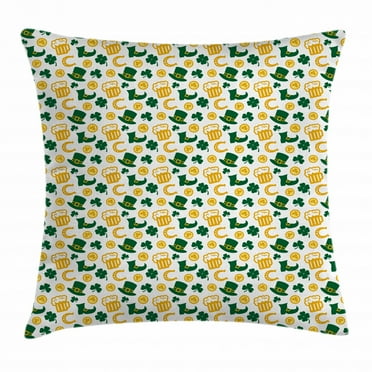 Irish Throw Pillow Cushion Cover, Happy St. Patrick's Day Concept Pattern with Traditional Holiday Symbols, Decorative Square Accent Pillow Case, 16 X 16 Inches, Green Yellow White, by Ambesonne