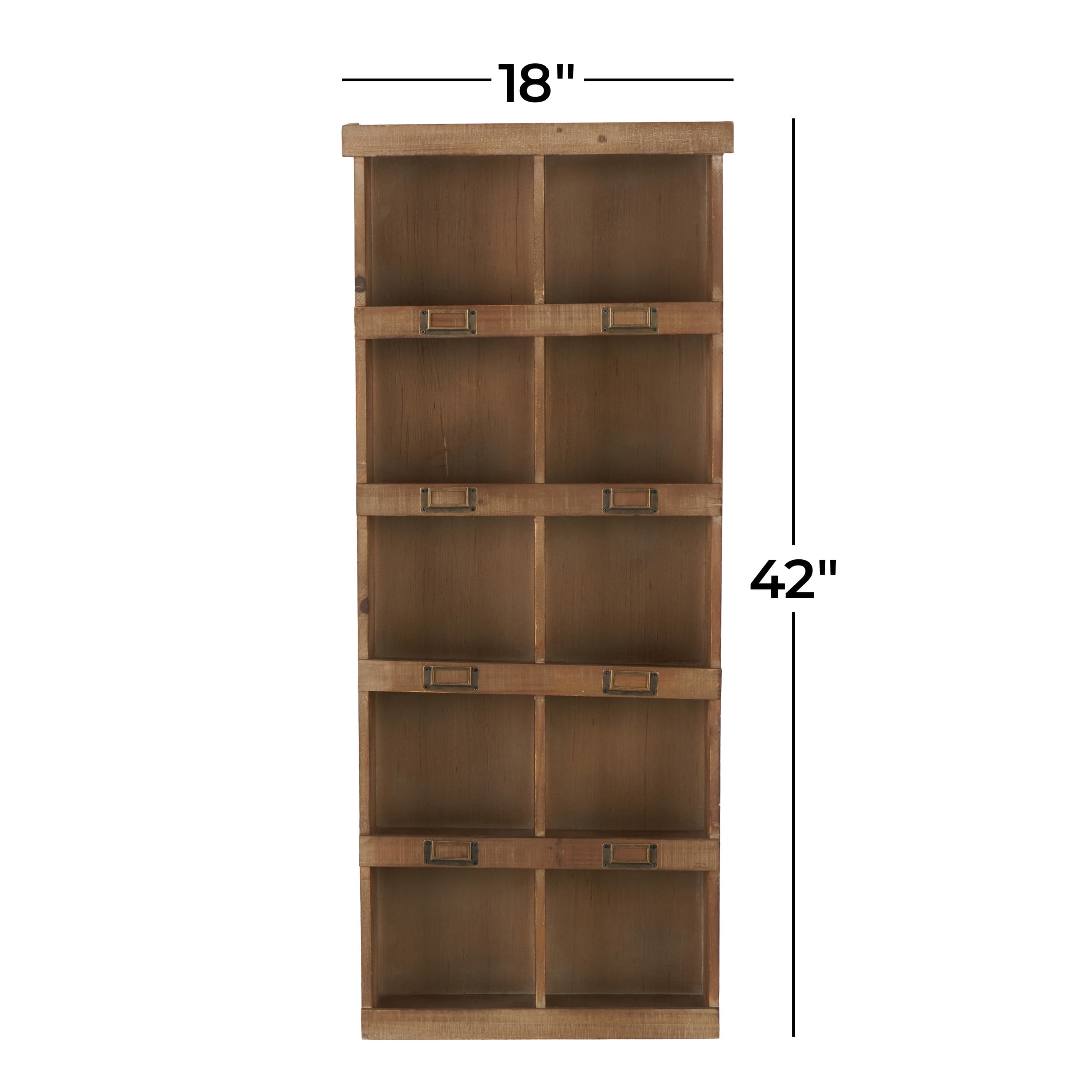 DecMode Rustic Bookcase Inspired Wood Wall Shelf with 10 Square Units and Brown Wood Grain Finish, 18"W x 42"H