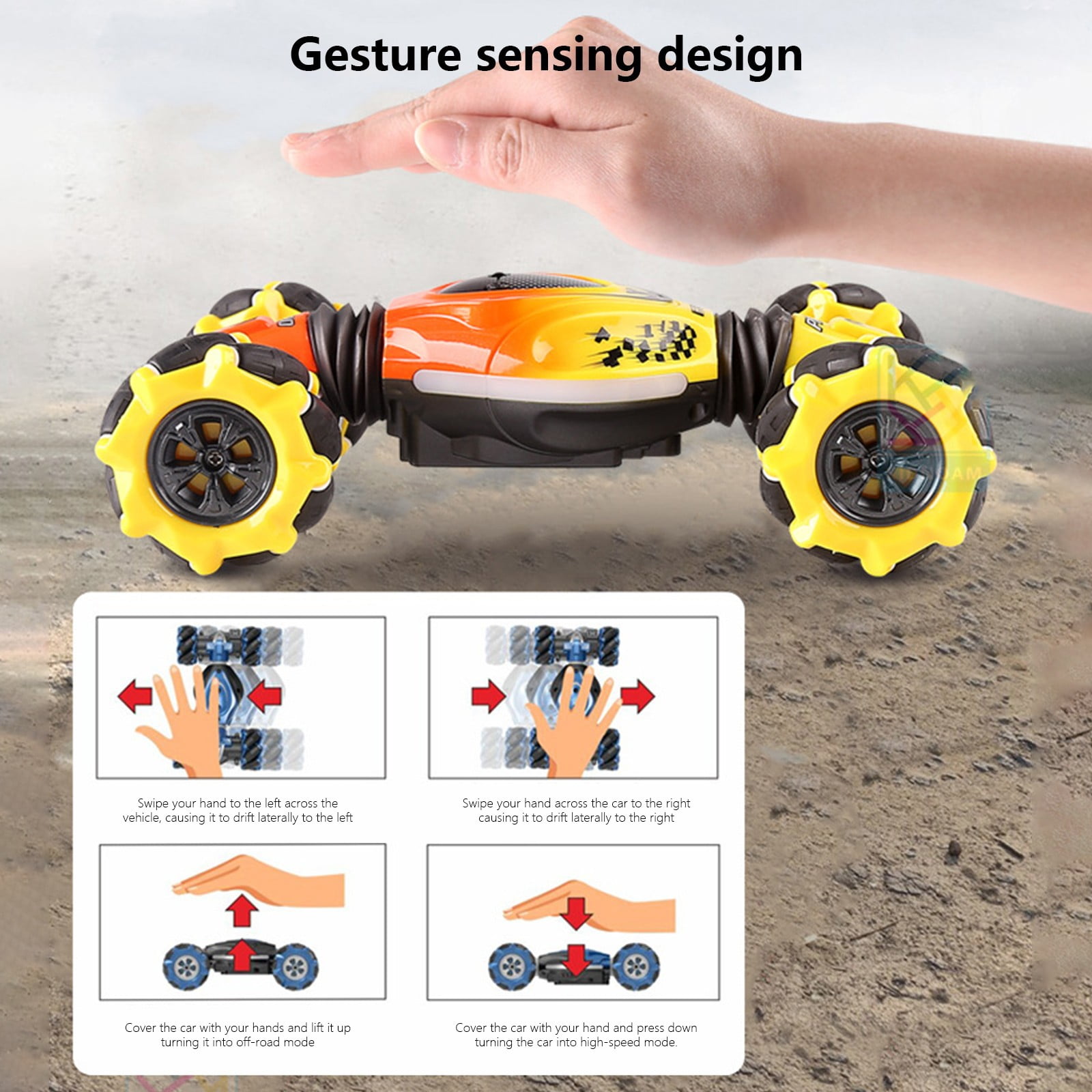 ​Mini Gesture Control RC Stunt Car - Double-Sided Driving, USB Rechargeable - Yellow Transformer Toy for Age 6+​​ Yellow