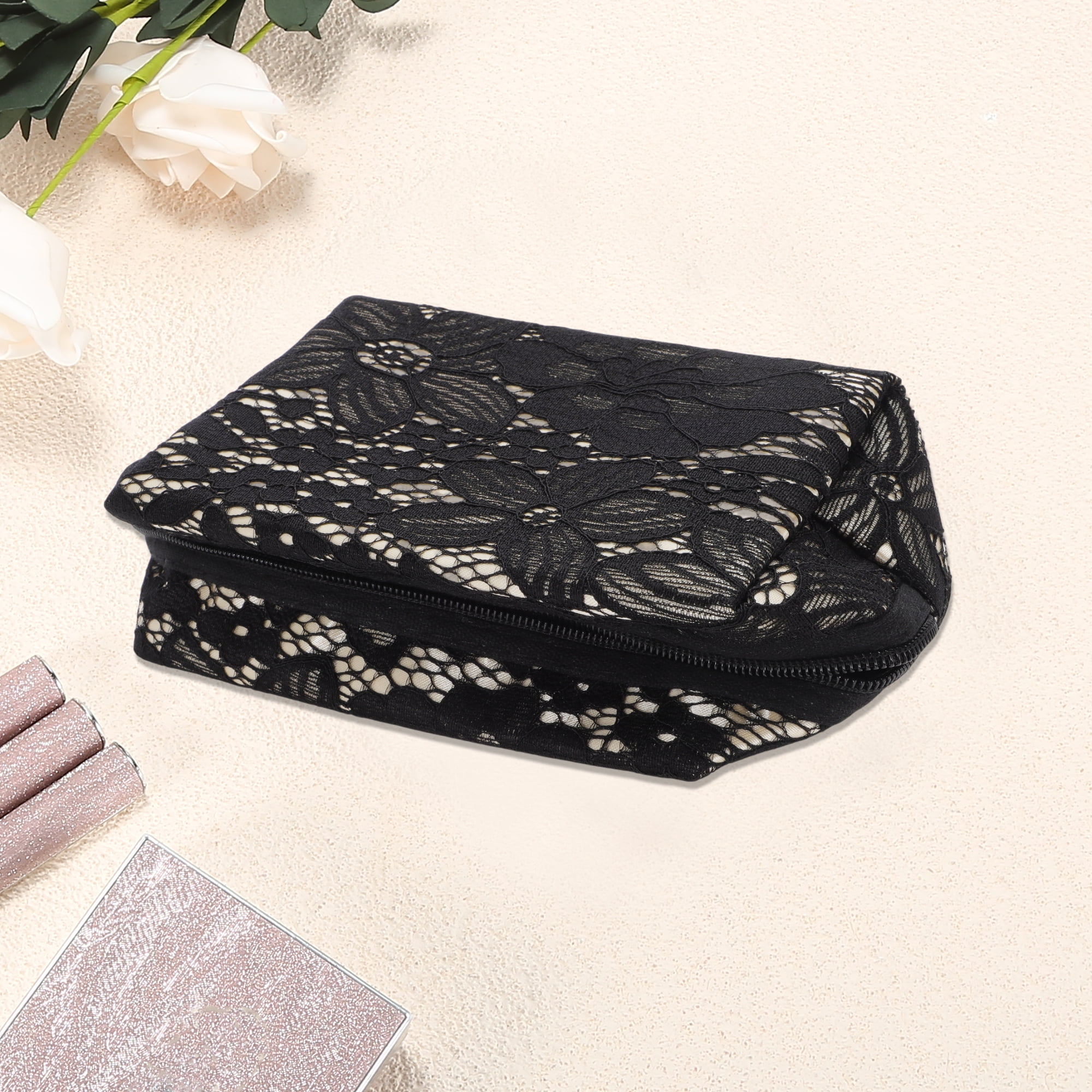 Unique Bargains 1Pc Lightweight Lace Storage Makeup Bag for Toiletry Everyday Use Black