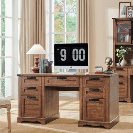 OKD Farmhouse Executive Desk Rustic Office Desk with Charging Station and Keyboard Tray Home Workstations with File Drawer Storage Cabinet Wood Computer Writing Desk Reclaimed Barnwood