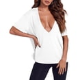 thumbnail image 5 of Womens Sexy Deep V Neck T-Shirts Summer Short Sleeve Tops Casual Loose Plus Size Fit Basic Tees Summer Womens Tops White L, 5 of 6