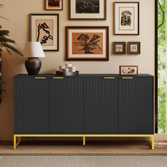 LUCKYELF Sideboard Buffet Cabinet, Fluted Accent Cabinet with Adjustable Shelves, Storage Cabinet for Kitchen, Black