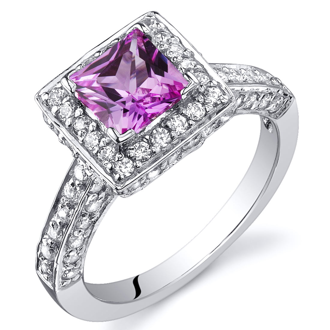 14k White Gold Over 925 Sterling Silver 1.00 Ct Princess Cut Pink Sapphire and CZ Simulated Diamond Engagement Ring Women