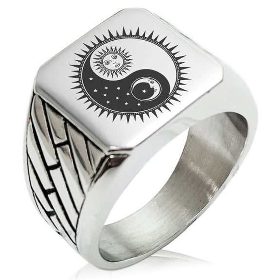 Stainless Steel Sun & Moon Yin Yang Geometric Pattern Biker Style Polished Ring