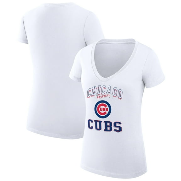 Women's G-III 4Her by Carl Banks White Chicago Cubs Super-Slim Fit Lightweight Team Logo Graphic V-Neck T-Shirt