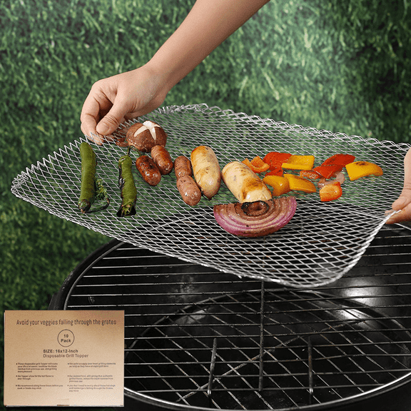 10 Pcs Disposable Grill Topper 16 x 12 in / 40 x 31 cm, Aluminum Non Stick BBQ Grill Grates with Mesh Design, Prevent Food Falling, Outdoor Grill Liners for Barbecue, Easy to Clean