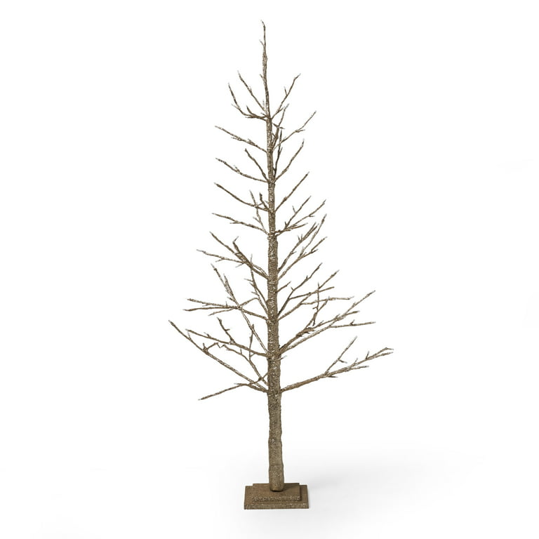 Noble House Pre-Lit 5' Artificial Twig Christmas Tree with 186 Warm White LED Lights, Champagne Glitter