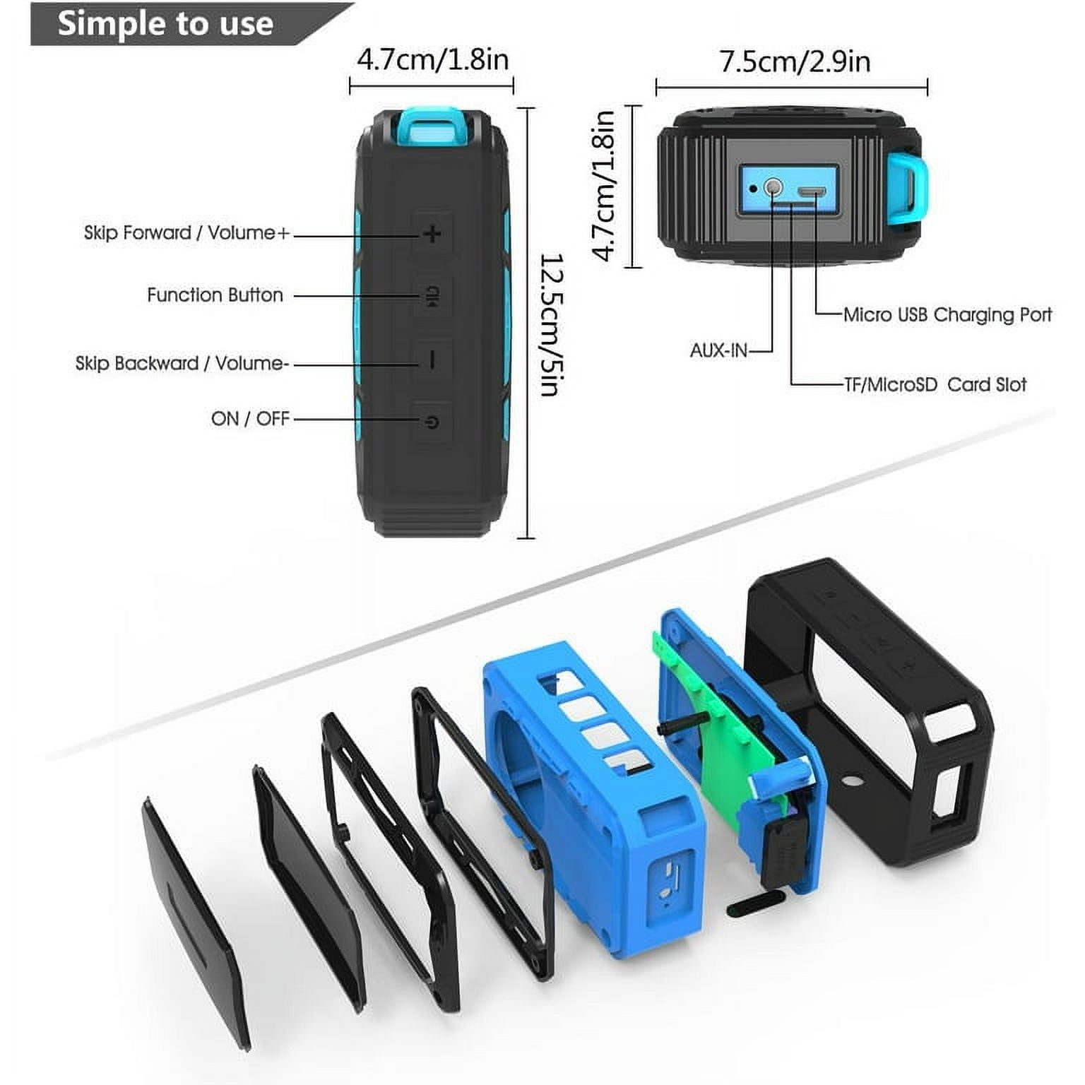 XIHAMA-Waterproof Bluetooth Speaker,Outdoor Speaker with Bicycle Holder, Louder Volume 6W+,Hands Free/FM Mode/AUX Input/TF Card, 2000Mah Emergency Charging Perfect for Beach Shower Outdoor(Blue)