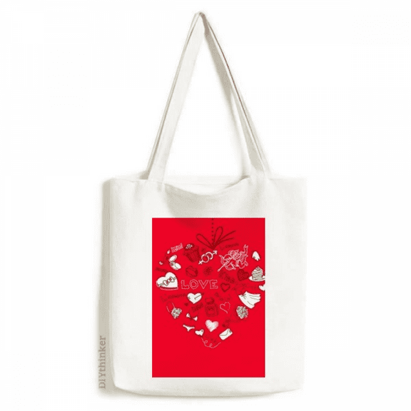 Valentine's Day Red White Heart Tote Canvas Bag Shopping Satchel Casual Handbag