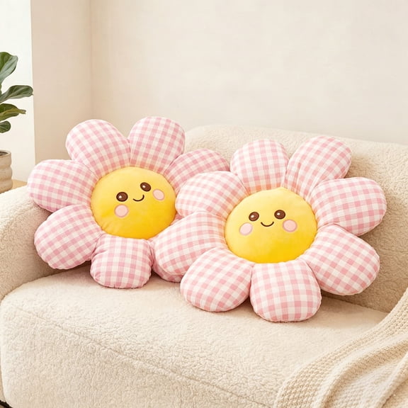 HonorHut 2 Pcs Smile Face Flower Pillows 15.7" Daisy Flower Pillow Decorative Flower Seat Cushion for Bedroom Living Room Sofa Decor Pink Grid