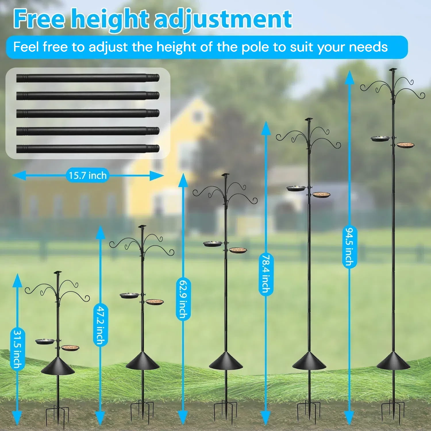 Teblint 92" Bird Feeding Station, Heavy Duty Bird Feeder Pole Bird House Stand Mount Kit w/ Squirrel Proof Baffle 4 Shepherds Hooks, Adjustable Feeder Stand for Outdoor Wild Birds Watching