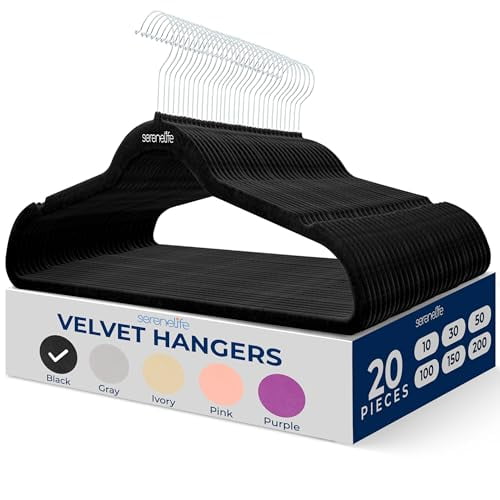 SereneLife Velvet Hangers 20 Pack - Non-Slip Felt Hangers with 360° Swivel Hook - Ultra-Thin, Lightweight Velvet Hangers for Shirts, Sweaters, Hoodies, Kids Clothes & Dresses - Space-Saving, Black