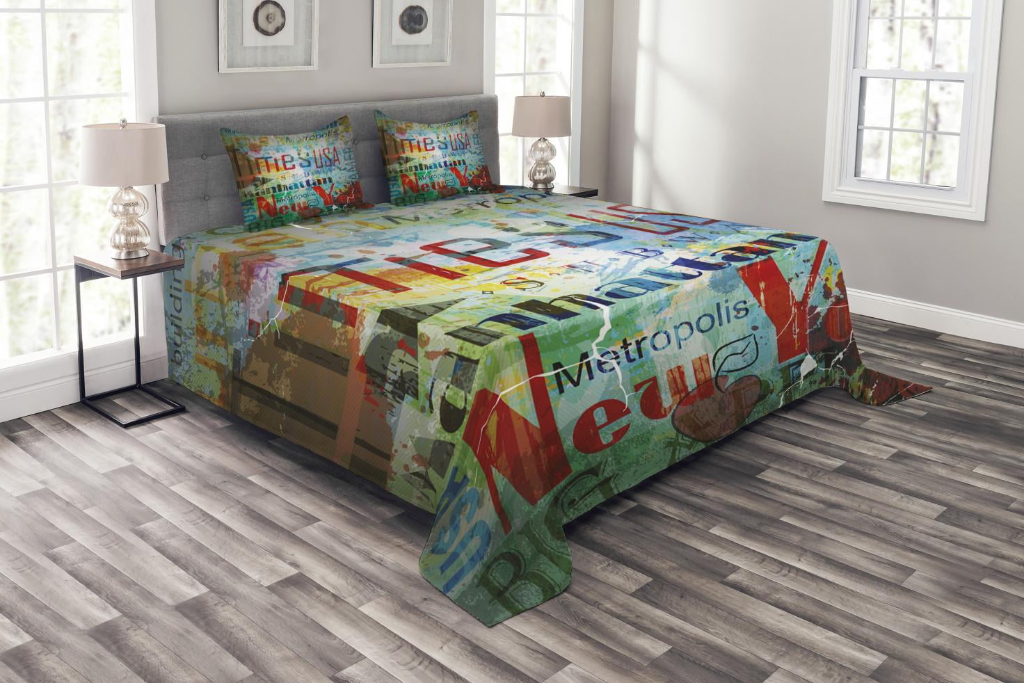 New York Bedspread Set Queen Size, Grunge Collage of Words American