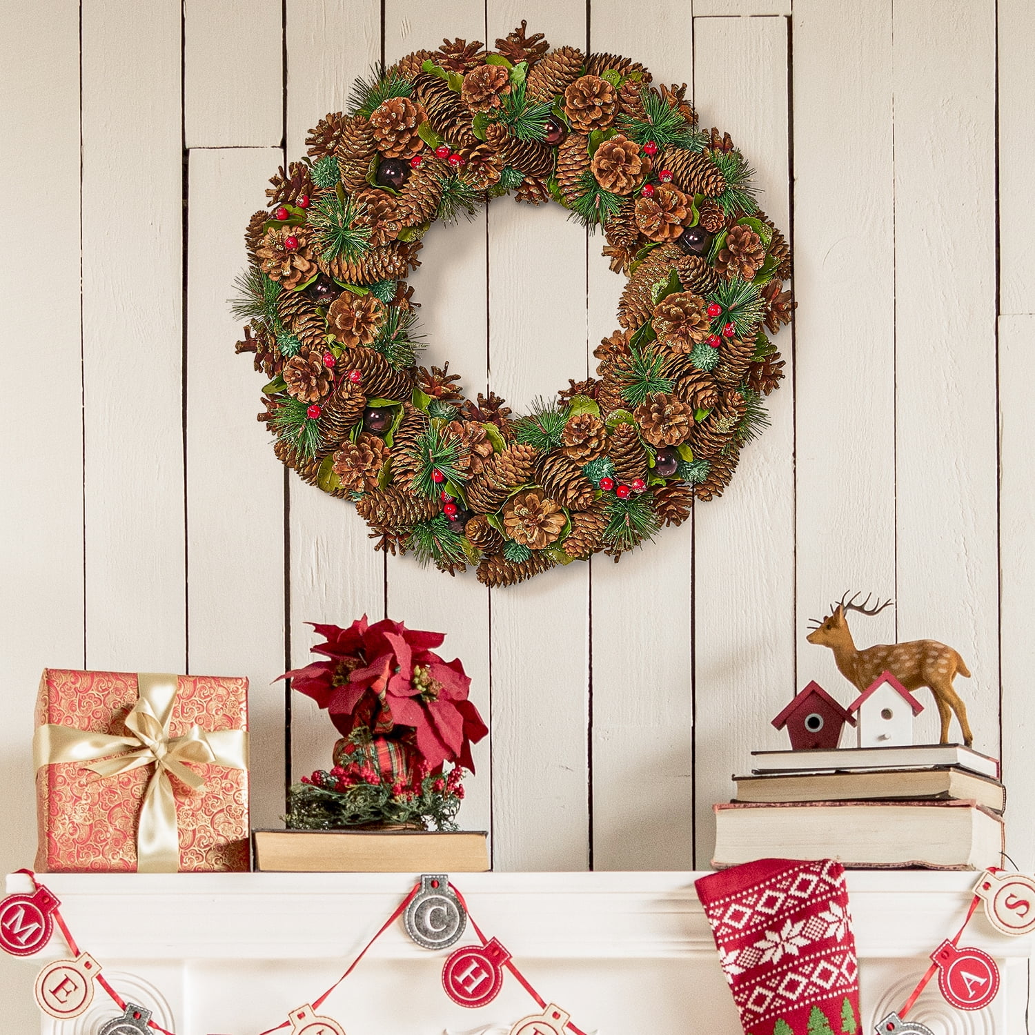 Kepooman Artificial Christmas Wreath, Fir Wreath for Christmas Home Front Door Hanging Wall Window Decor, Red Kepooman Artificial Christmas Wreath, Fir Wreath for Christmas Home Front Door Hanging Wall Window Decor, Red