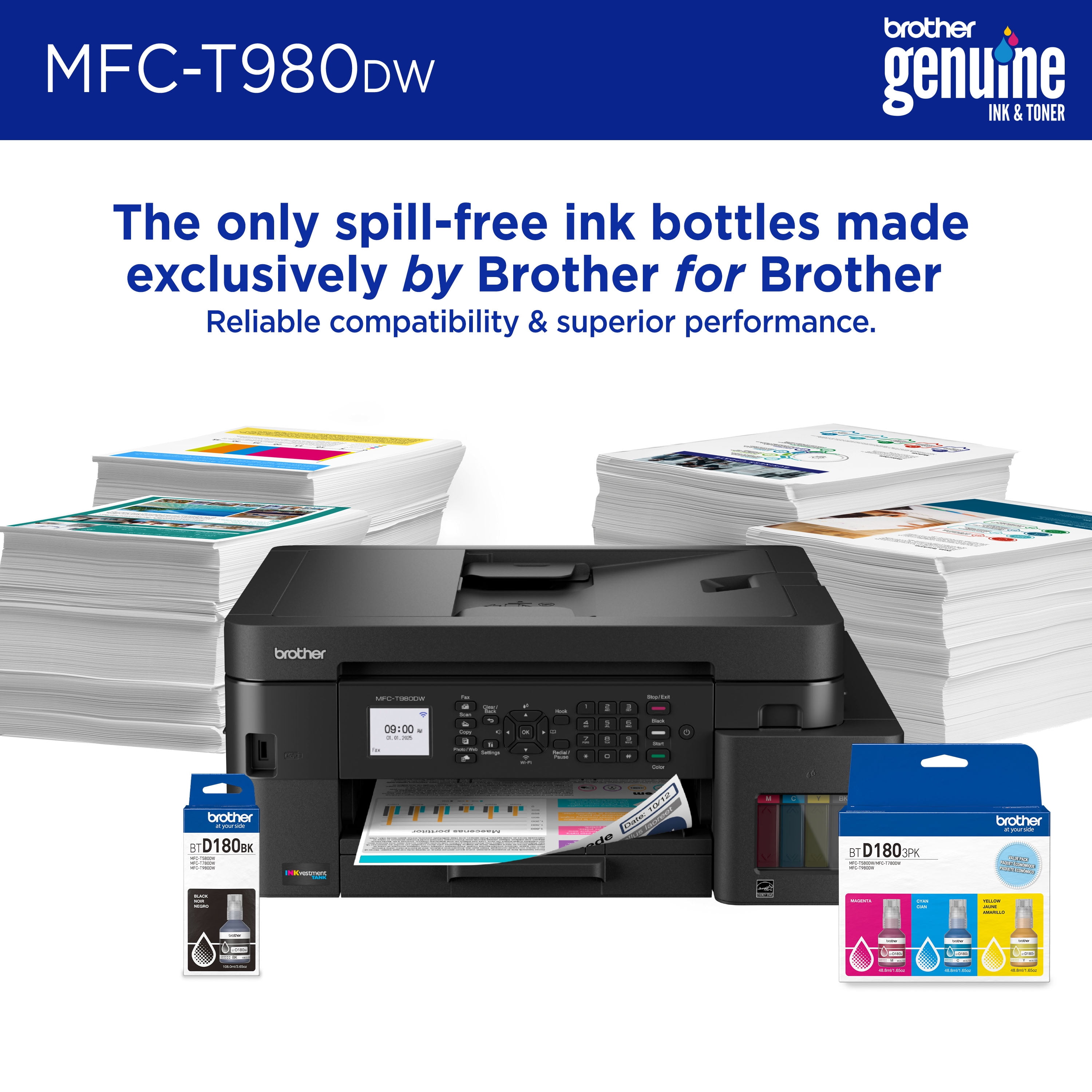 Brother INKvestment Tank 980 MFC-T980DW Wireless and Ethernet Color Inkjet All-in-One Printer with Multipurpose Tray and Up to 3 Years of Ink In-Box and 3-year Limited Warranty