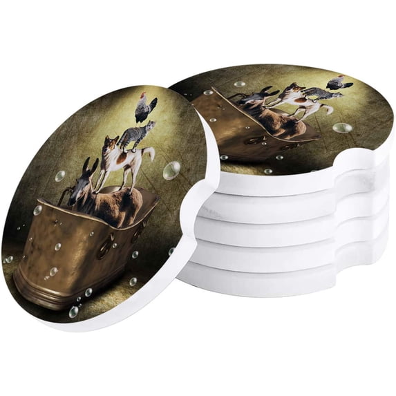 FMSHPON Retro Farm in The Bathtub Set of 4 Car Coaster for Drinks, Absorbent Ceramic Stone Coasters Cup Mat with Cork Base for Home Kitchen Room Coffee Table Bar Decor