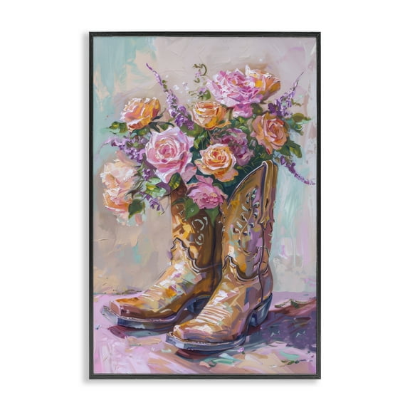 Stupell Industries Floral Boots Bouquet Plants & Flowers Painting Black Framed Art Print Wall Art, 12 x 18