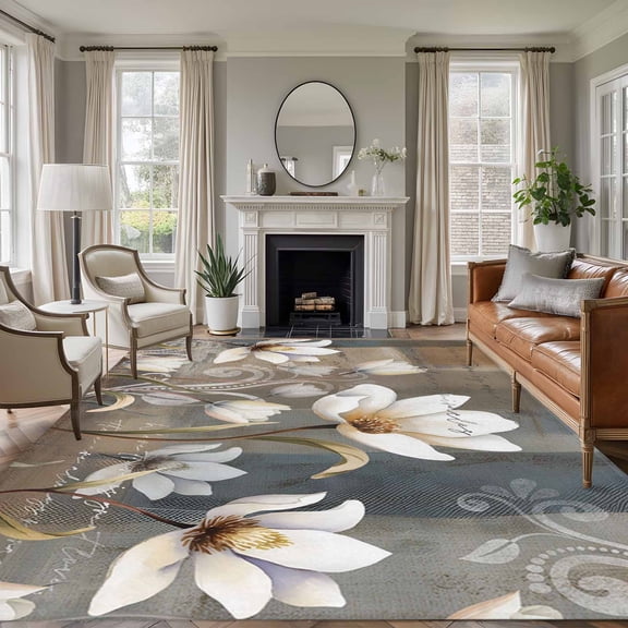 Rectangle Area Rugs 6 x 9 Ft, Brown Grey Floral Non-Slip Residential Carpet, Spring Summer Botanical Vintage Indoor Crawling Mats Runner Rugs for Living Room/Dining Room/Bedroom