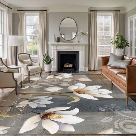 Rectangle Area Rugs 6 x 9 Ft, Brown Grey Floral Non-Slip Residential Carpet, Spring Summer Botanical Vintage Indoor Crawling Mats Runner Rugs for Living Room/Dining Room/Bedroom
