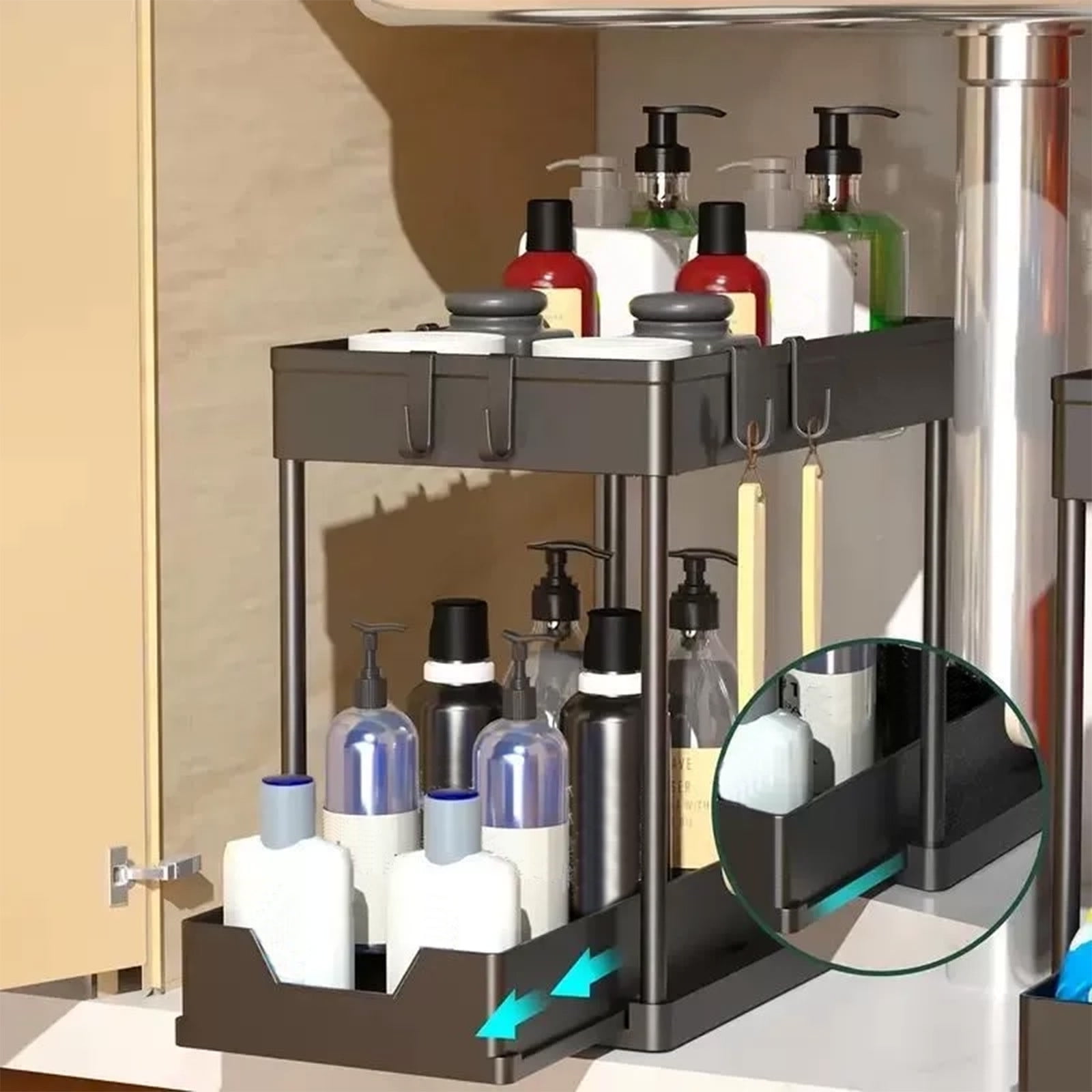 Under Sink Organizer and Storage Rack - Multipurpose Pull Out Cabinet Organizer for Bathroom Kitchen - Plastic Under Counter Shelf with Slide Out Drawer for Cleaning Supplies