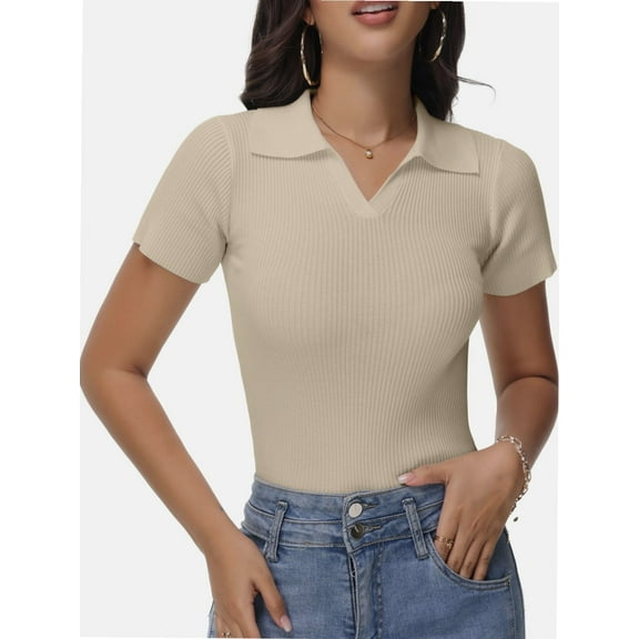 Womens Summer V Neck Short Sleeve T Shirts Slim Fitted Casual Tee Tops