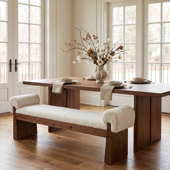 55-Inch Solid Wood Dining Bench with Sherpa Cushion, Upholstered Farmhouse Seating Bench for Dining Room, Entryway, Bedroom, Living Room, Hallway, and Mudroom