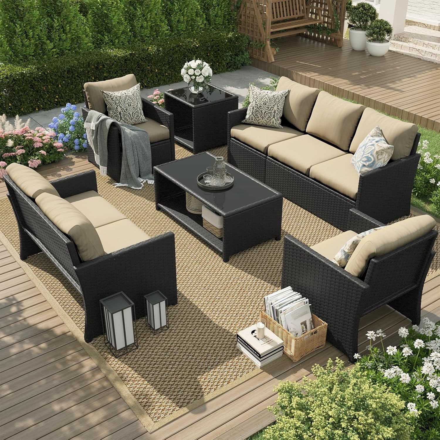 AECOJOY 7-Piece Outdoor Sectional Patio Furniture Set, Rattan
