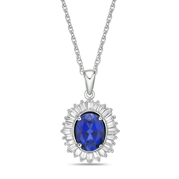 Brilliance Fine Jewelry Sterling Silver Created Oval Blue Sapphire and Halo White CZ Baguette Pendant on an 18" Chain