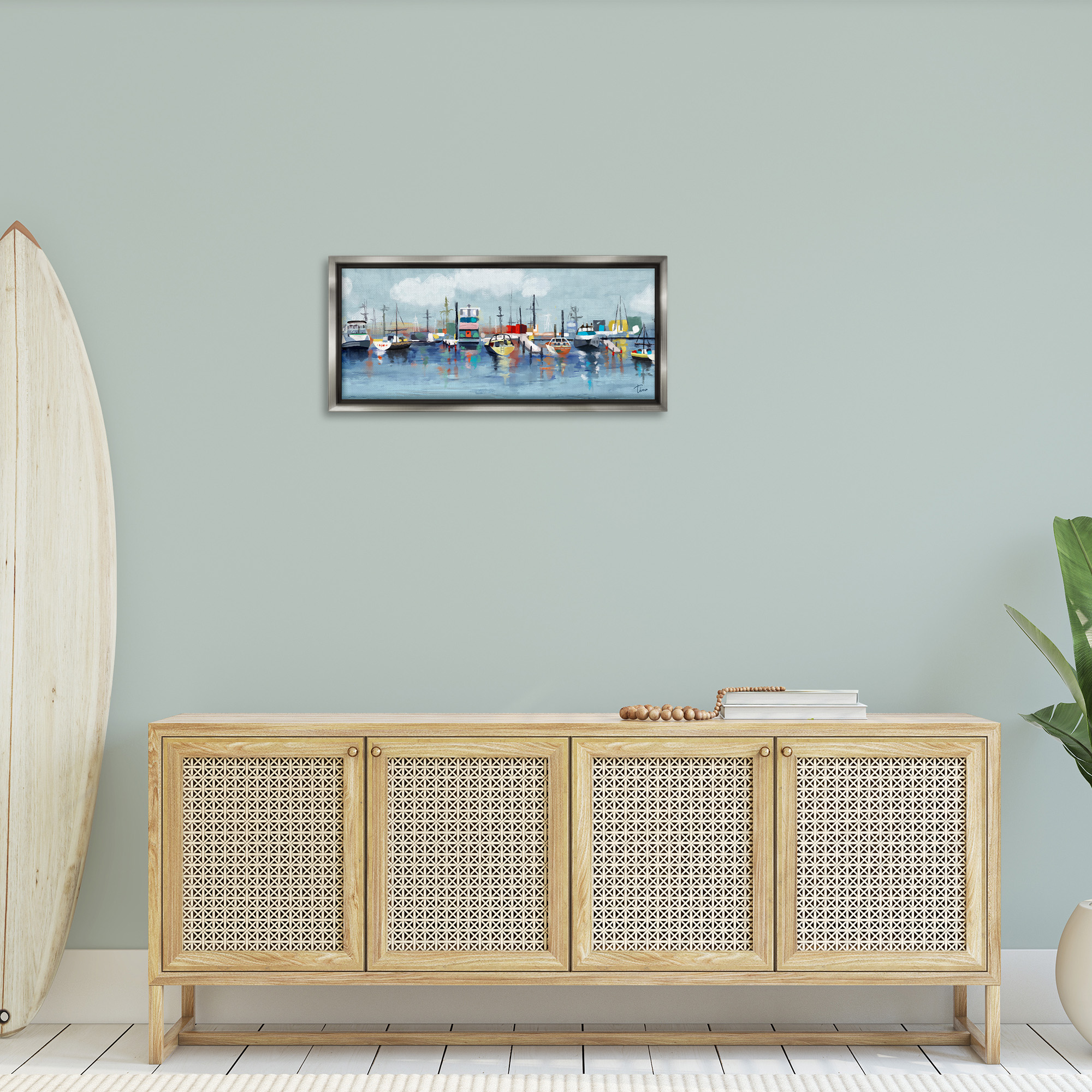 Stupell Industries Varied Boats Docked Port Marina Nature Painting Gray Floater Framed Canvas Art Print Wall Art, 31 x 14