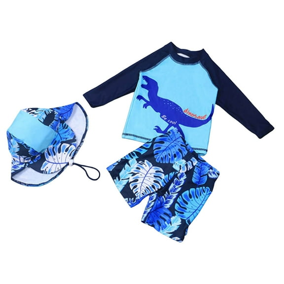 Xudanell Kids Boys Long Sleeve 2 Piece Outfit Dinosaur Water Suit Rash Guard and Hat Kids Outfits Sky Blue 4-5 Years