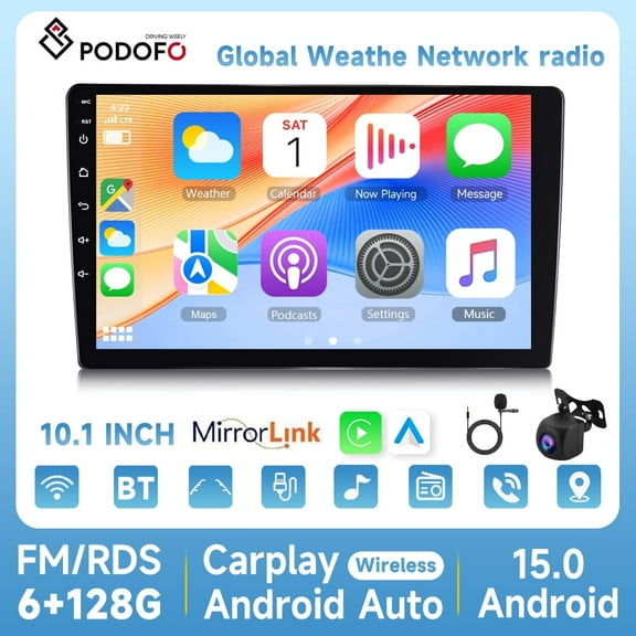 Podofo 10.1 Inch Car Stereo Double Din 8 Core 6 128GB Android 15 with Wireless Carplay &Android Auto IPS Scren Android Radio GPS Wifi 32EQ DSP