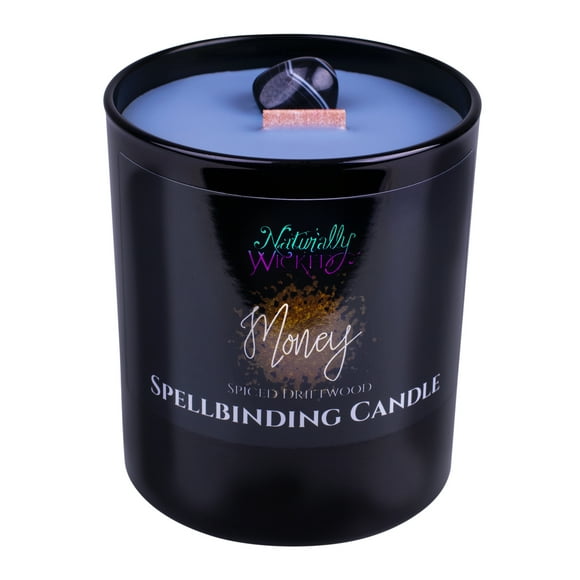 Naturally Wicked Spellbinding Money Candle – Black Onyx Crystal | Spiced Driftwood Scent | Gift Boxed