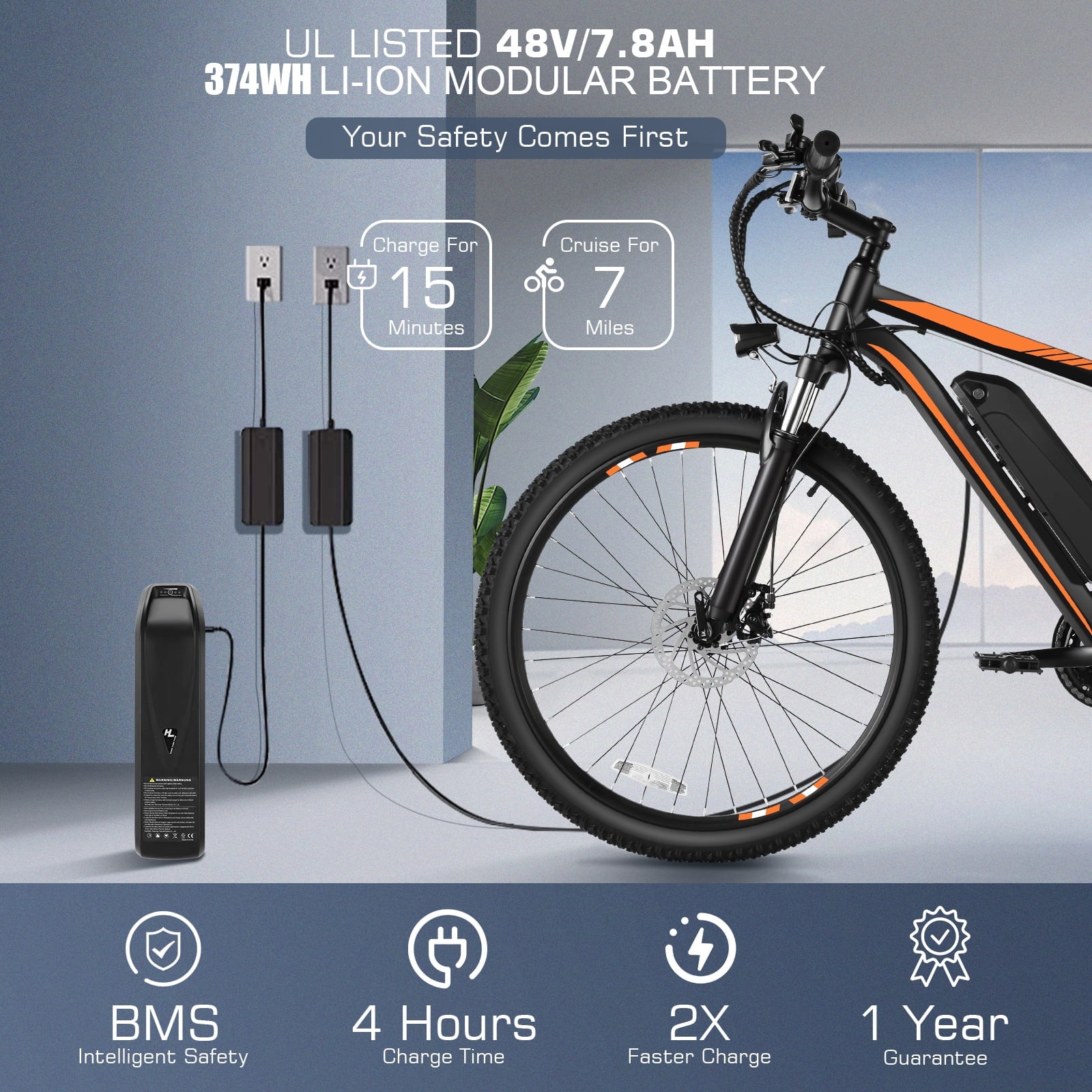 Elifine 500W Electric Bike 26" Electric Bike for Adults, 20mph Electric Mountain Bicycle, 48V Removable Battery Commuter Ebike, Adjustable 21-Speed Gears, Aluminum Alloy Frame UL 2849 Orange