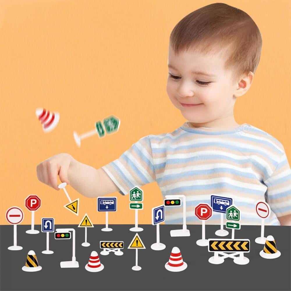Set of Colorful Plastic City Traffic Signs Words Kids Child Educational Toys 