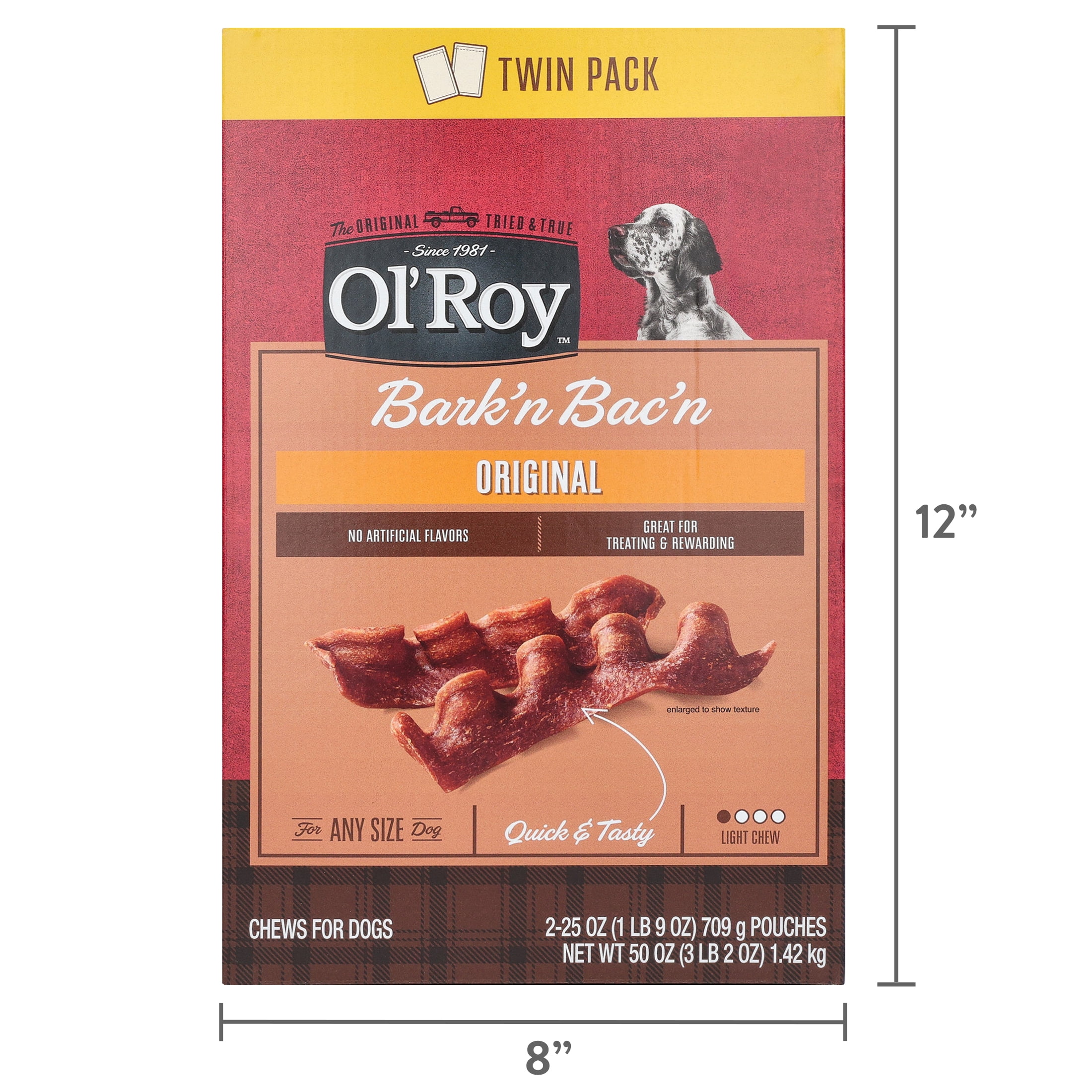 (4 pack) Ol' Roy Bark'n Bac'n Dog Treats, Original, 25 oz Pouches, Twin Pack