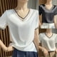 thumbnail image 5 of Blusa informal holgada de manga corta con cuello en V y seda satinada para mujer, color champán, talla M, 5 of 8