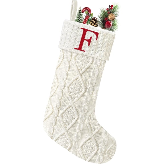 Christmas Stockings with Initials, 20” Large Embroidered Monogram Knitted Stockings for Family, Kids, Xmas Holiday Party Gifts & Decoration for Fireplace, White