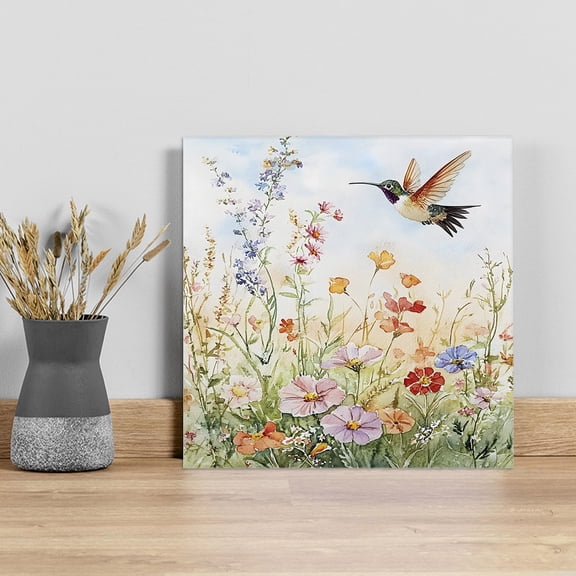 Spring Floral Wall Art Painting on Canvas, Hummingbird Summer Botanical Watercolor Canvas Art Home Prints Wall Art Framed Modern Artwork for Living Room Bedroom Wall Decor 12x12in