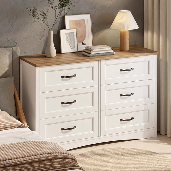 47" Large Dresser with 6 Drawers & Metal Handles - Solid Wood Chest for Bedroom, Kids Room, Living Room, Entryway, White&Brown