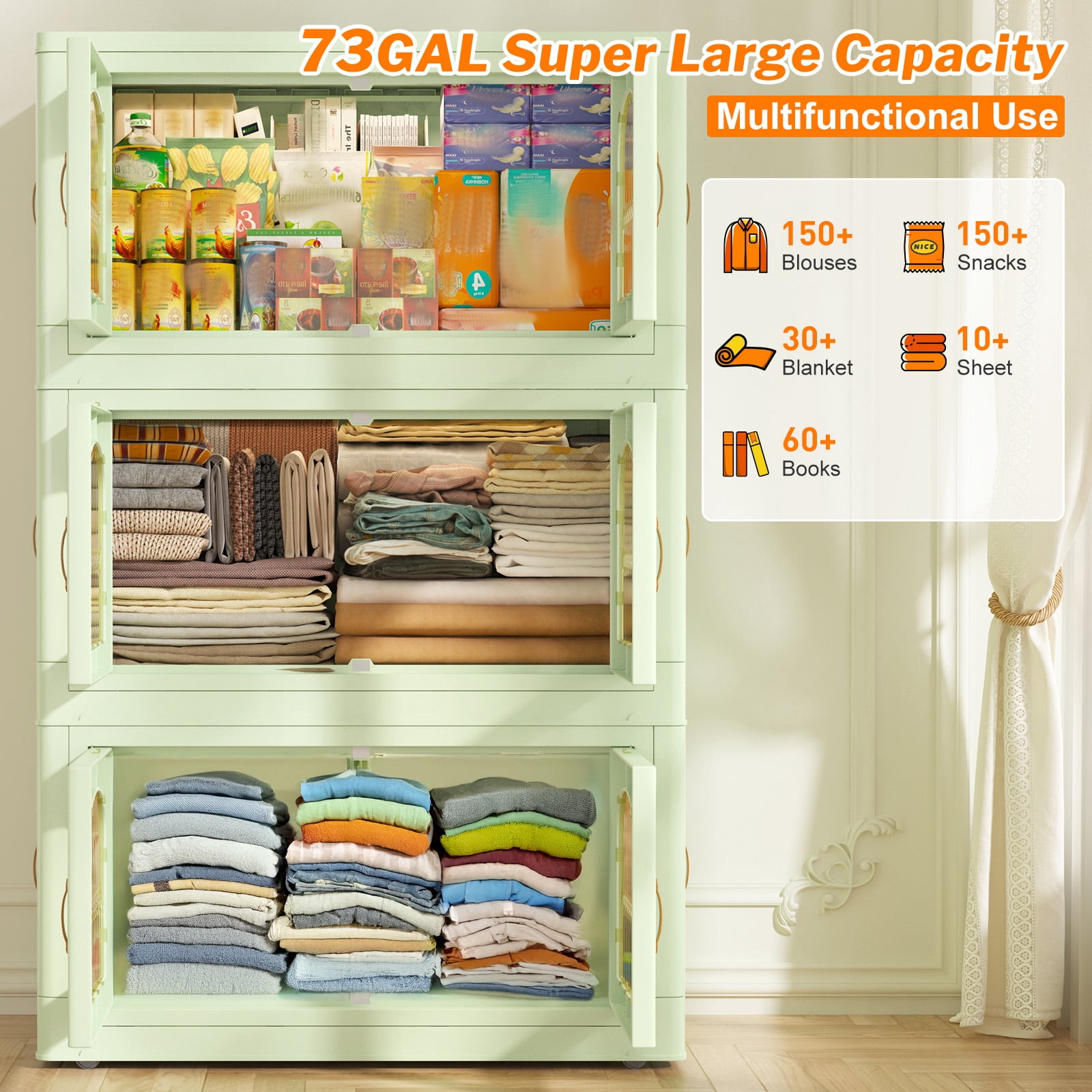 EnHomee 3-Pack 73 Gal Stackable & Collapsible Storage Bins with