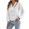 thumbnail image 2 of Women Vintage Knit V-Neck Hollow Contrast Stripe Lantern Long Sleeve Loose Knit Pullover Sweater White S, 2 of 10