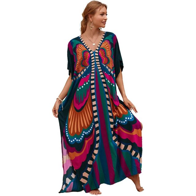 LinYooLi Robe de Plage pour Femmes, Longue Blouse Imprimée, Grande Taille, Robe de Bikini, Robe de Vacances