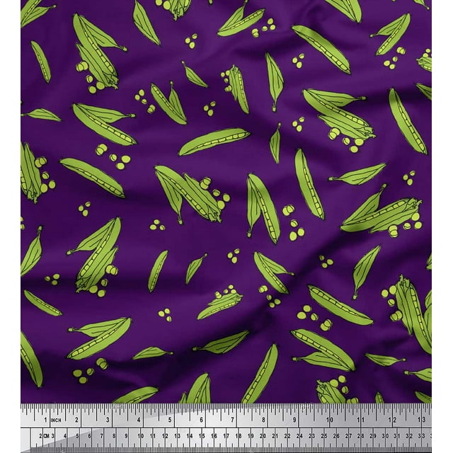 Soimoi Purple Poly Georgette Fabric Green Peas Vegetable Print Fabric by the Yard 52 Inch Wide