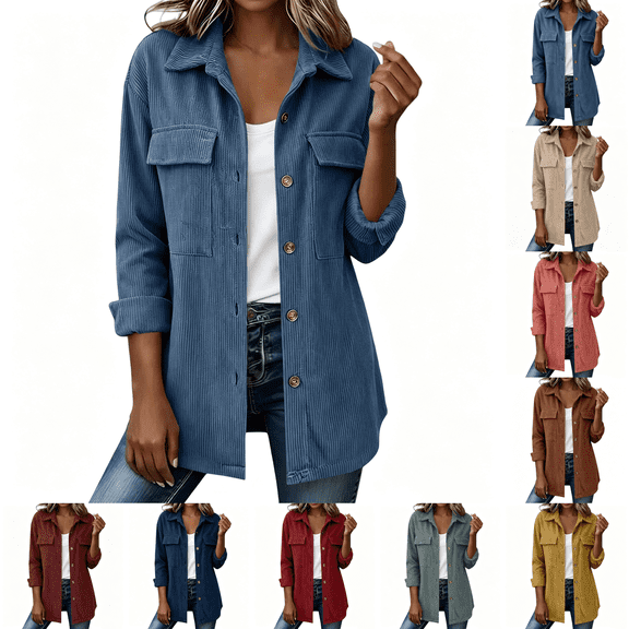 Corduroy Jacket for Women Trendy Long Sleeve Button Down Fall Shackets Oversized Lightweight Casual Coats with Pockets Navy S