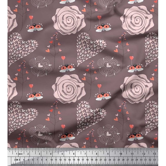 Soimoi Poly Georgette Fabric Heart,Bee & Floral Artistic Printed Fabric 1 Yard 52 Inch Wide