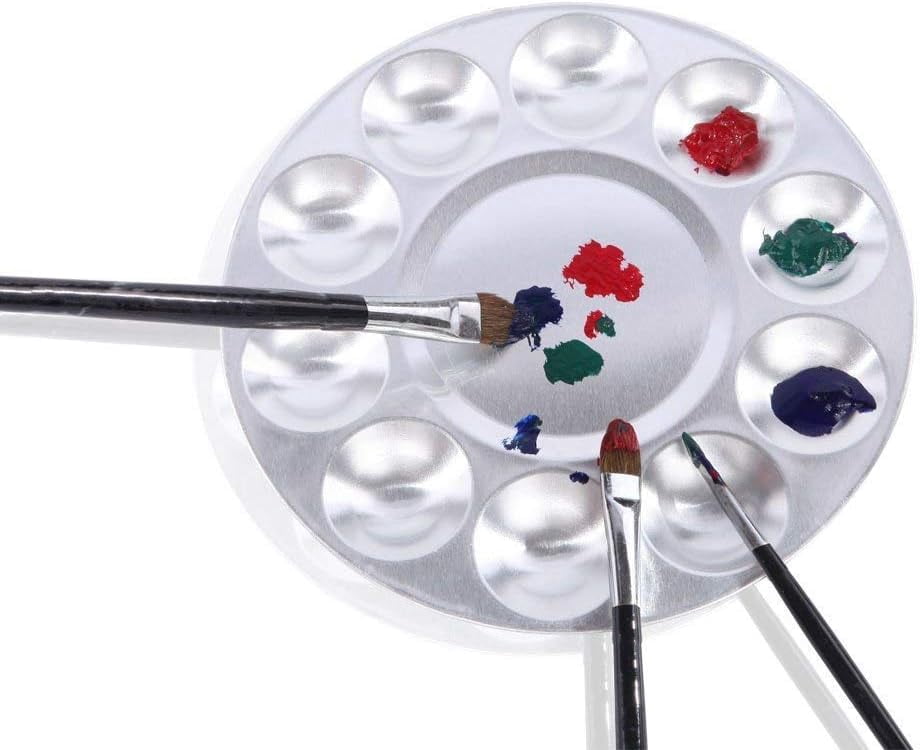 2 Pcs Round Paint Tray s, Metal 10 Well, for Artist Watercolours DIY Craft Professional Art Painting