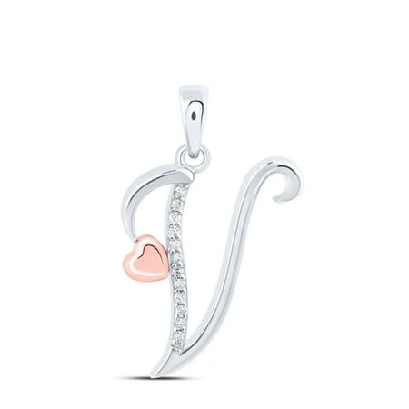 925 Sterling Silver Diamond Cursive Font w/ Pink Heart Initial V Pendant 1/20 CT
