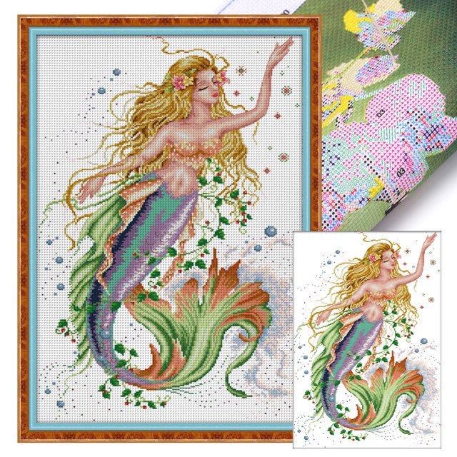 (R189) Hilo Algodón Ecológico Bordado No Manchú 14CT 2 Hebras Impresión 40*61cm Sirena (2) Kit Serie Punto Cruz (borde Gancho)